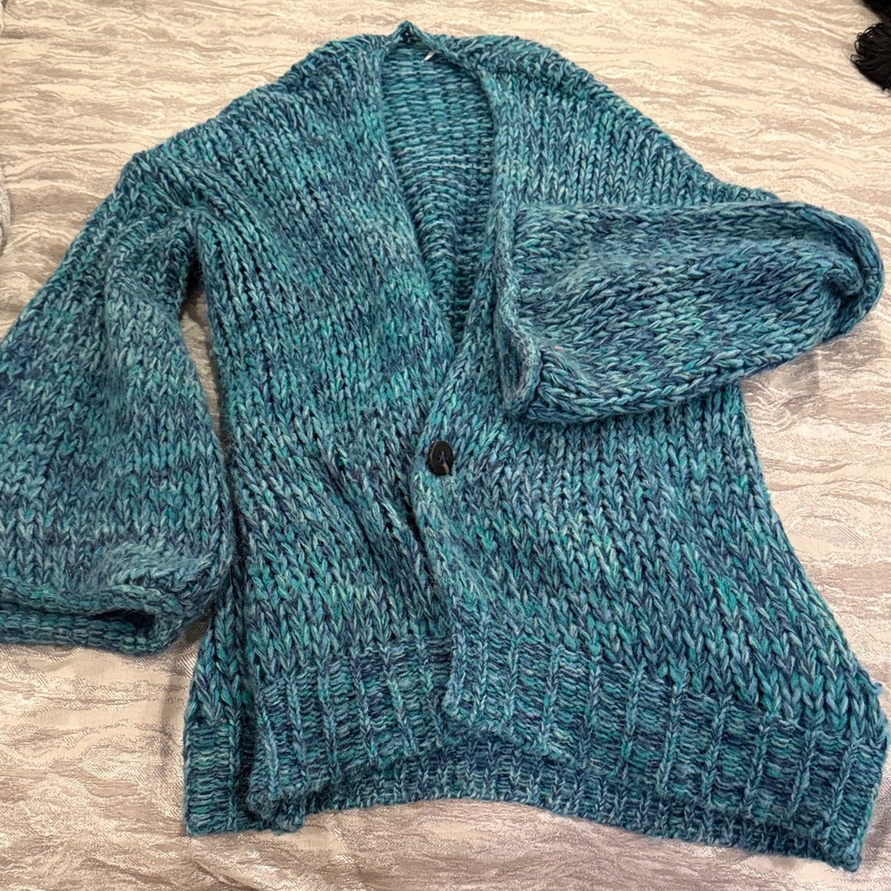 Free People Chunky Teal Bouclé Knit Cardigan Sweater (medium)